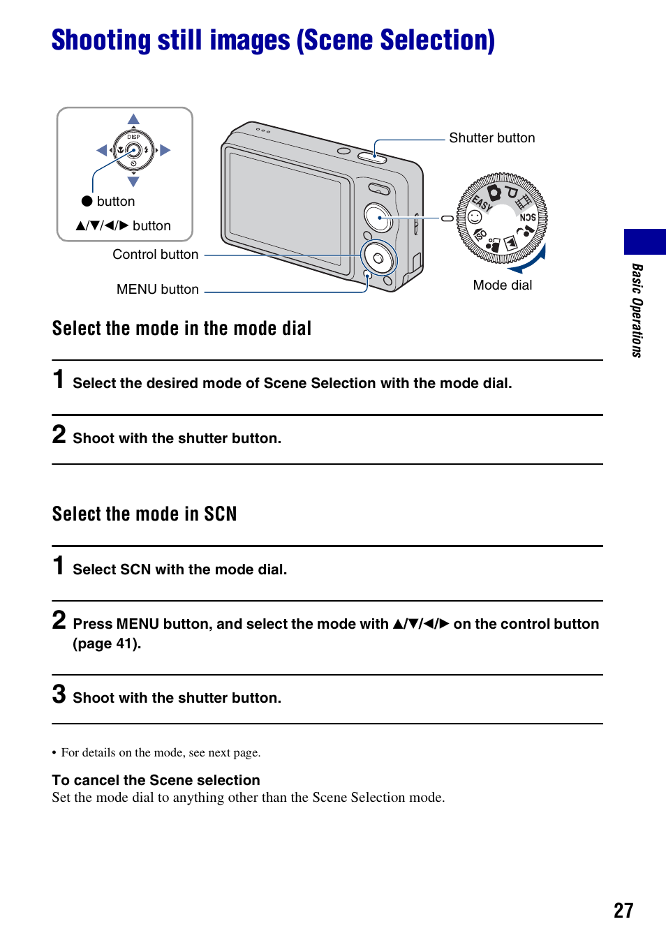 Shooting still images (scene selection) | Sony DSC-W230 User Manual | Page 27 / 129