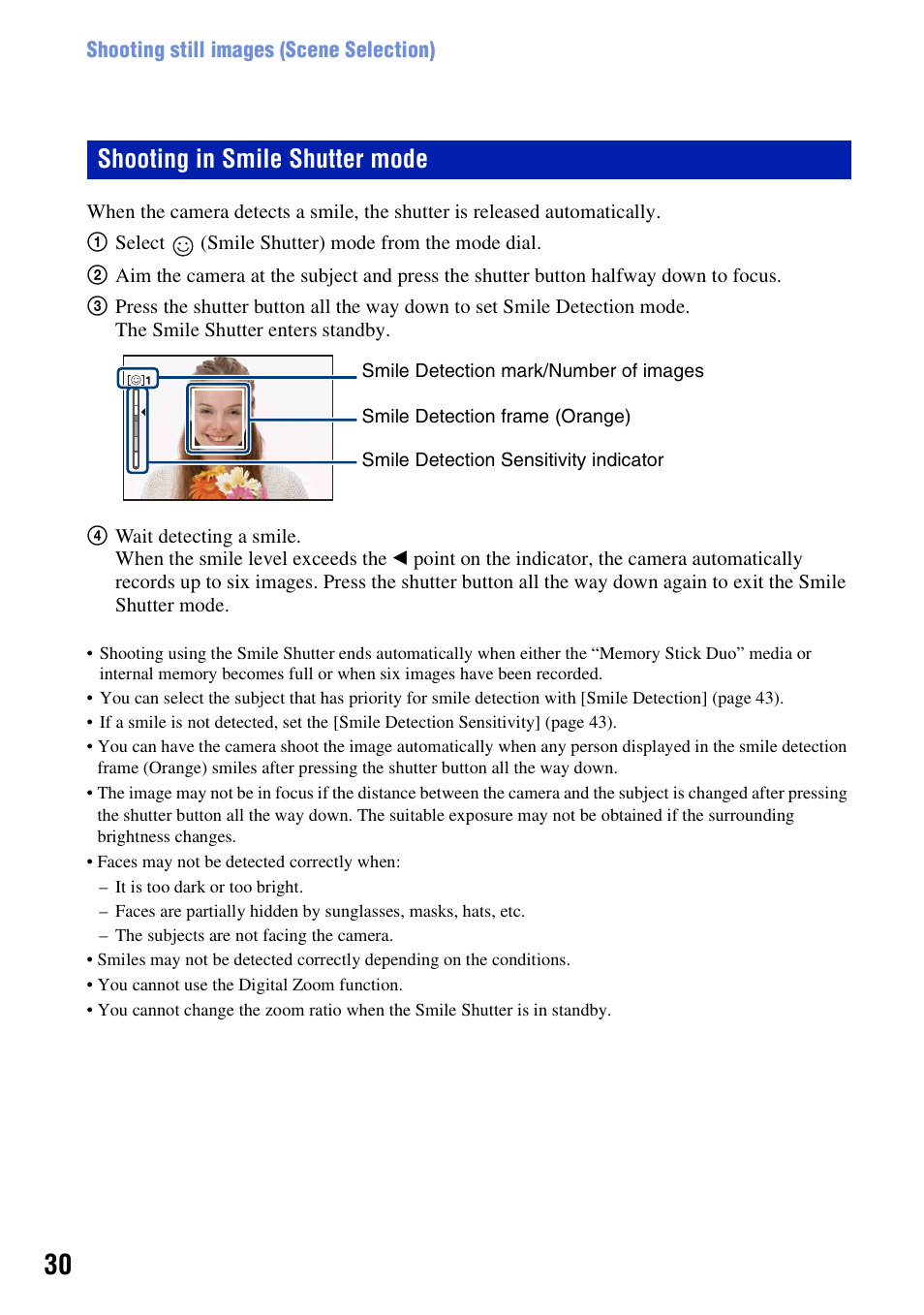 Shooting in smile shutter mode | Sony DSC-W230 User Manual | Page 30 / 129