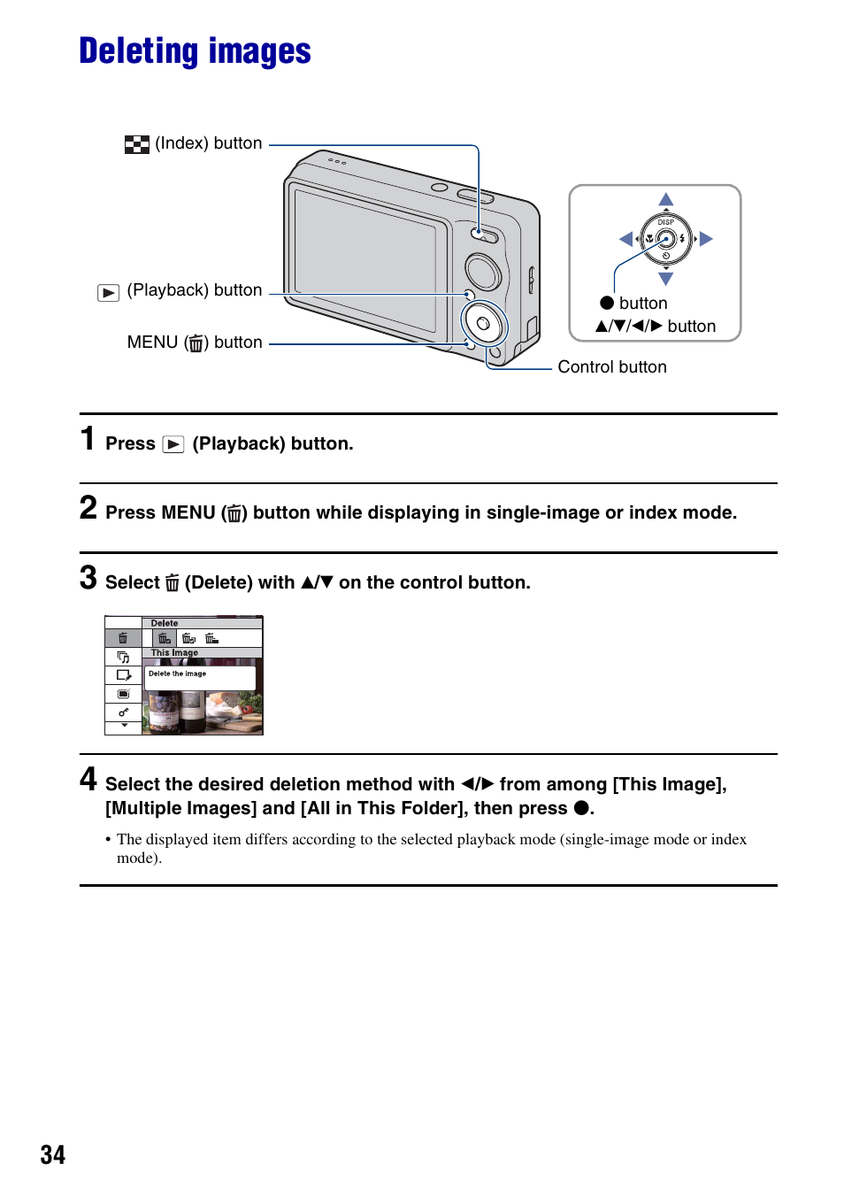 Deleting images | Sony DSC-W230 User Manual | Page 34 / 129