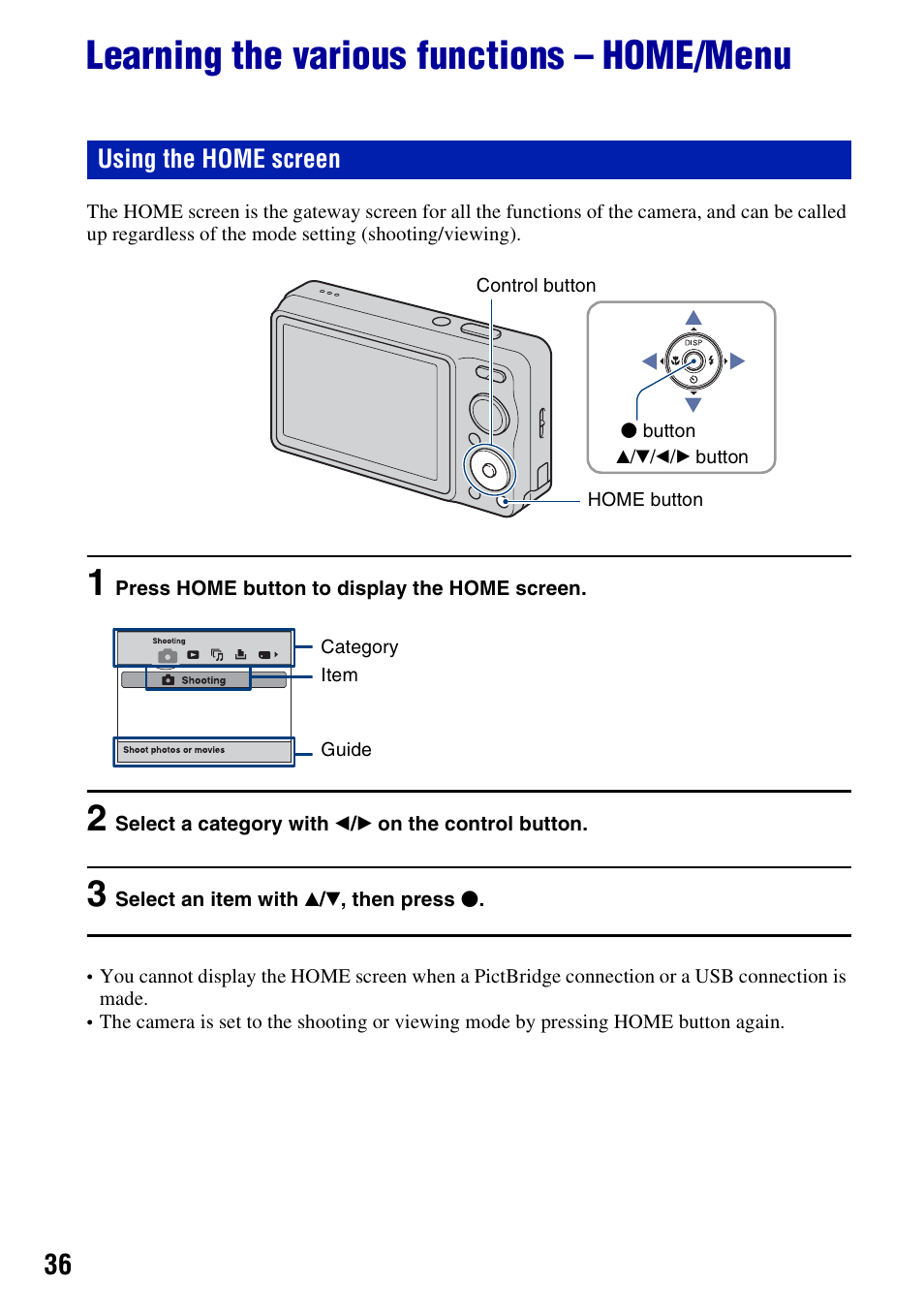Learning the various functions - home/menu, Learning the various functions – home/menu | Sony DSC-W230 User Manual | Page 36 / 129