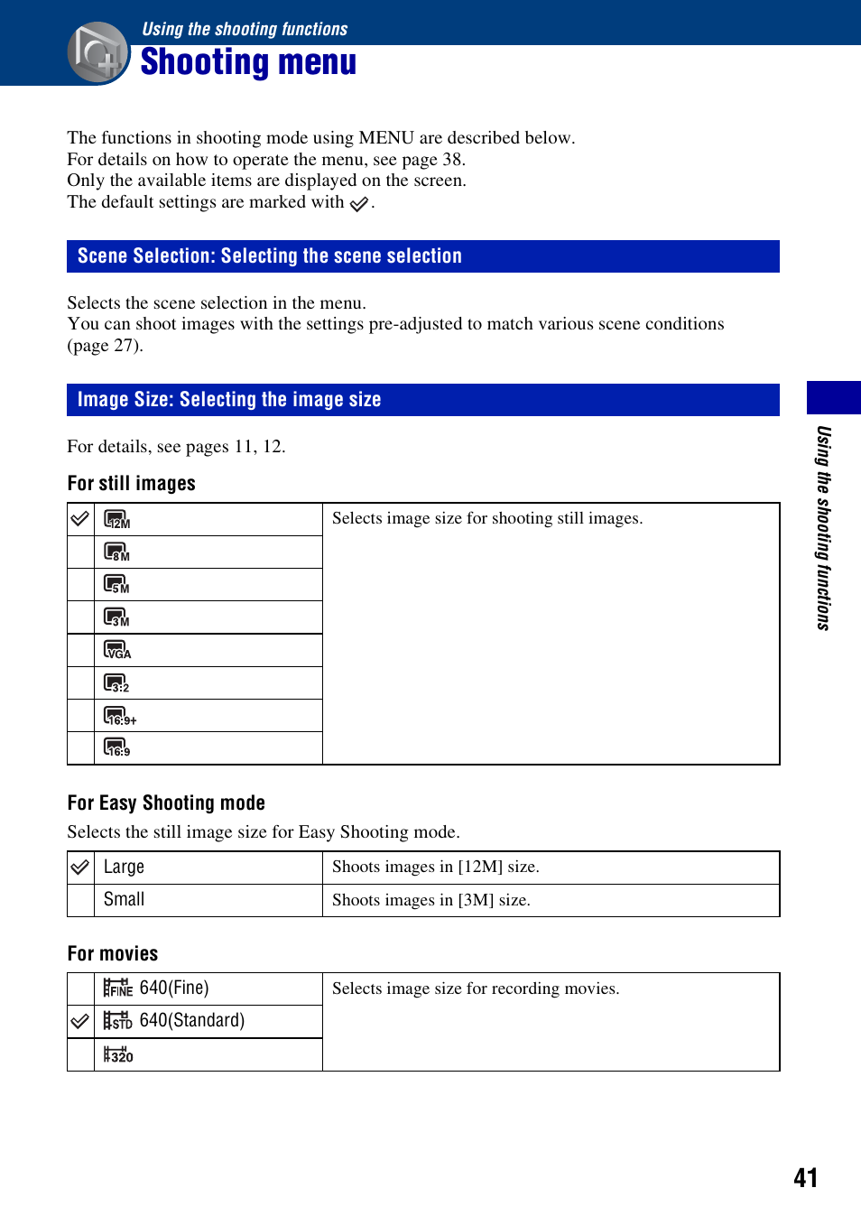 Using the shooting functions, Shooting menu, Scene selection: selecting the scene selection | Image size: selecting the image size | Sony DSC-W230 User Manual | Page 41 / 129