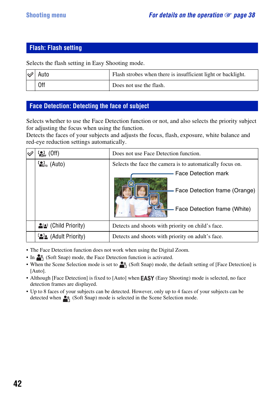 Flash: flash setting, Face detection: detecting the face of subject | Sony DSC-W230 User Manual | Page 42 / 129