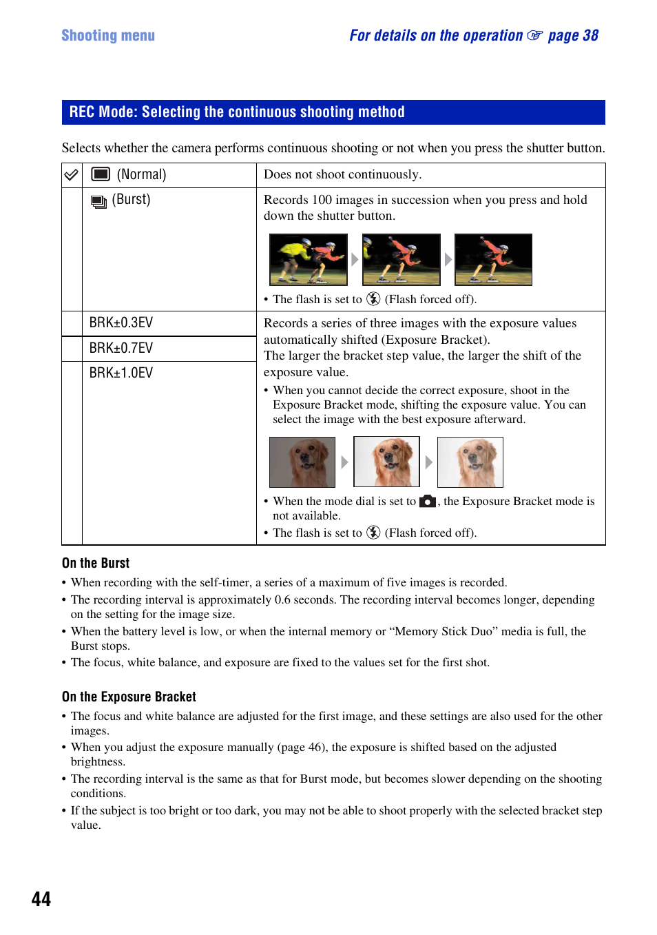 Rec mode: selecting the continuous shooting method | Sony DSC-W230 User Manual | Page 44 / 129