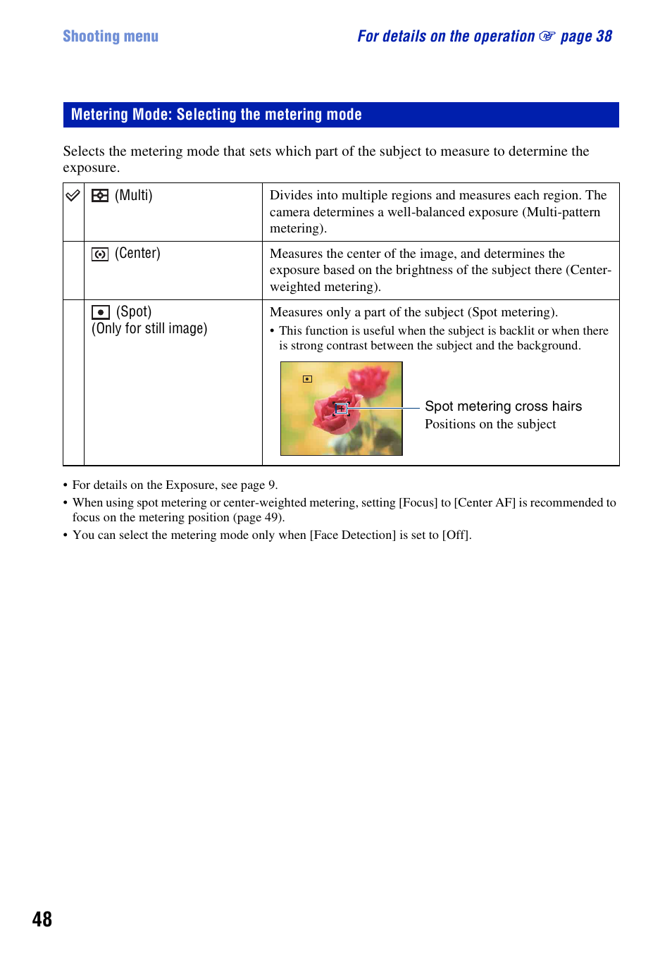 Metering mode: selecting the metering mode | Sony DSC-W230 User Manual | Page 48 / 129
