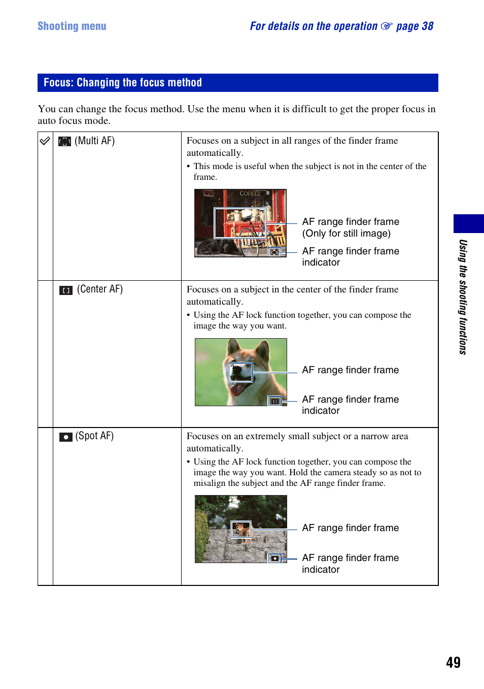 Focus: changing the focus method | Sony DSC-W230 User Manual | Page 49 / 129