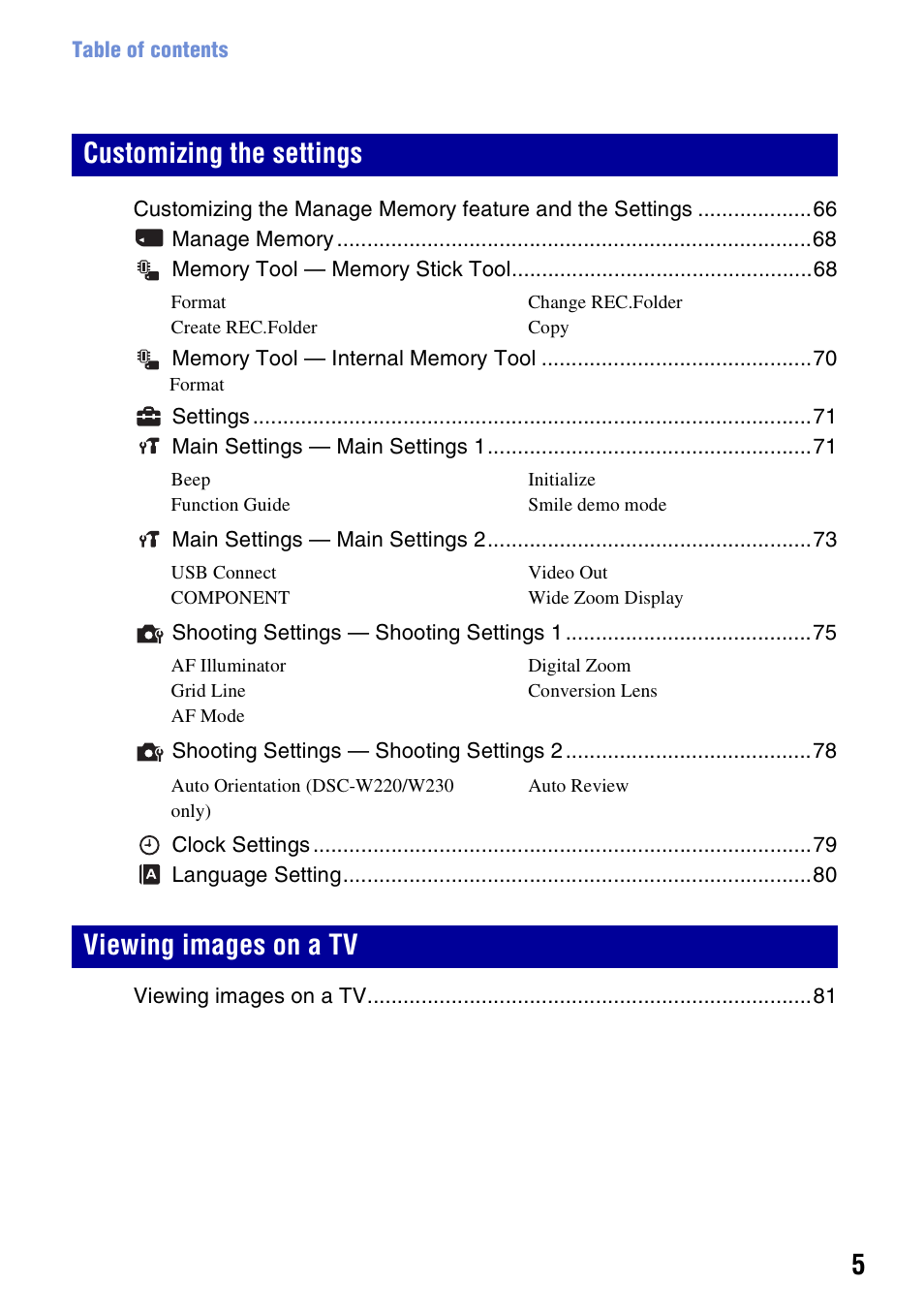 Customizing the settings viewing images on a tv | Sony DSC-W230 User Manual | Page 5 / 129