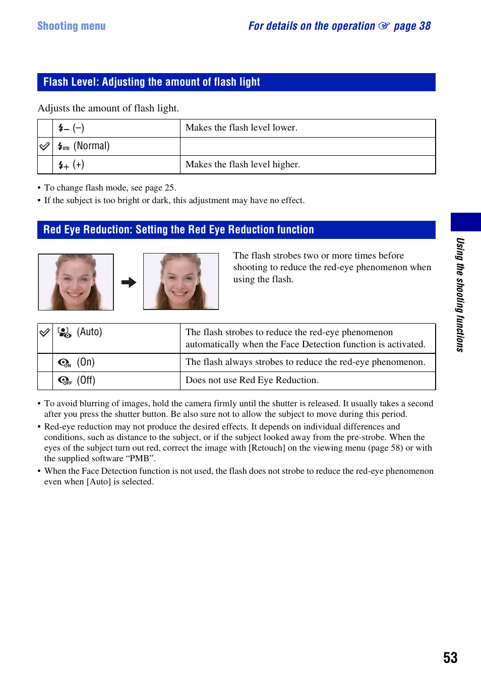 Flash level: adjusting the amount of flash light | Sony DSC-W230 User Manual | Page 53 / 129