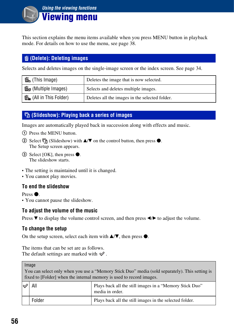 Using the viewing functions, Viewing menu, Delete): deleting images | Slideshow): playing back a series of images | Sony DSC-W230 User Manual | Page 56 / 129