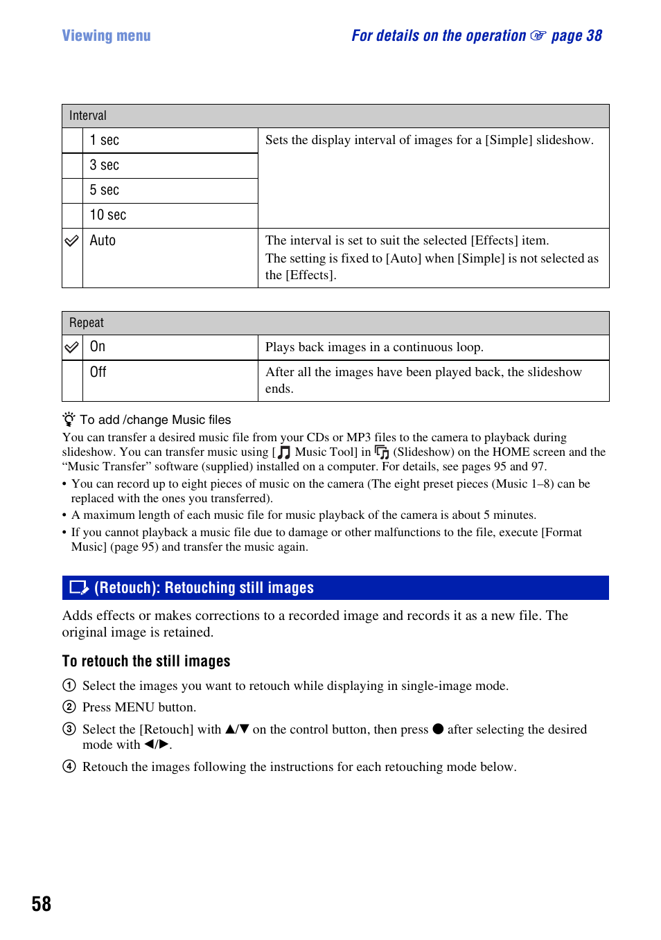 Retouch): retouching still images | Sony DSC-W230 User Manual | Page 58 / 129