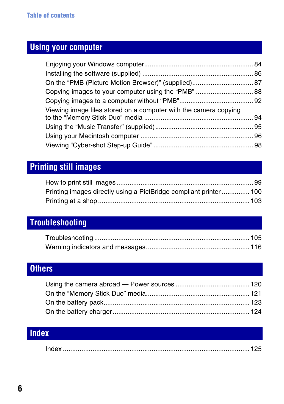 Sony DSC-W230 User Manual | Page 6 / 129