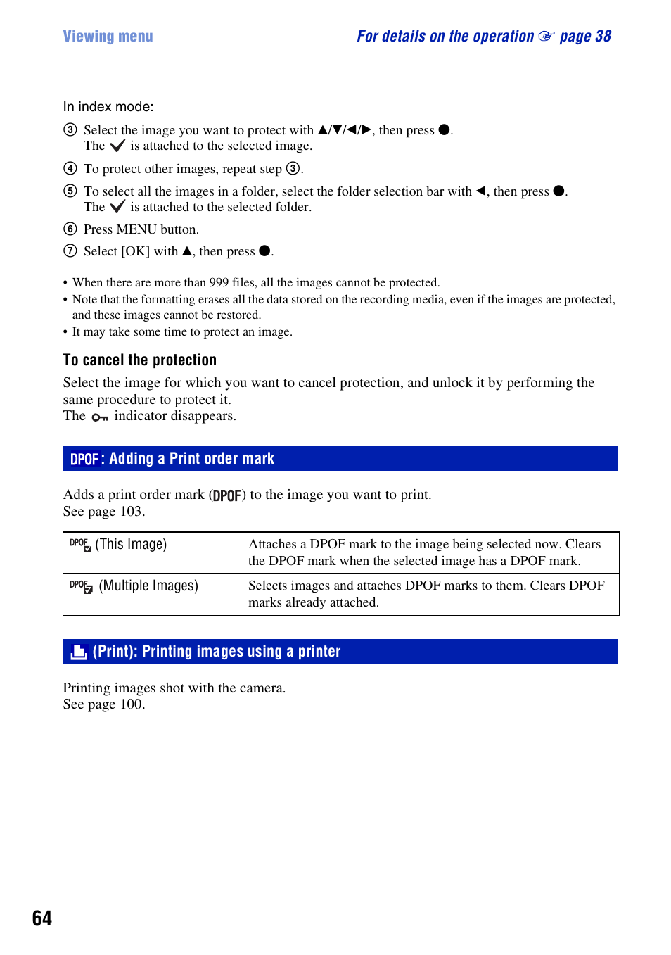 Adding a print order mark, Print): printing images using a printer | Sony DSC-W230 User Manual | Page 64 / 129