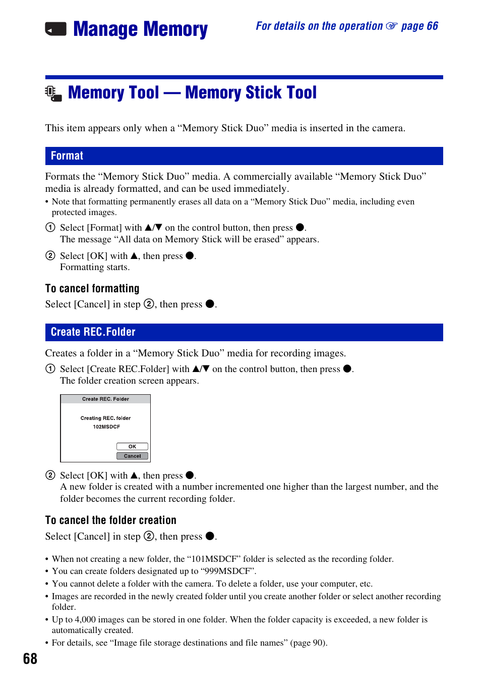 Manage memory, Memory tool - memory stick tool, Format | Create rec.folder, Memory tool — memory stick tool, Format create rec.folder | Sony DSC-W230 User Manual | Page 68 / 129