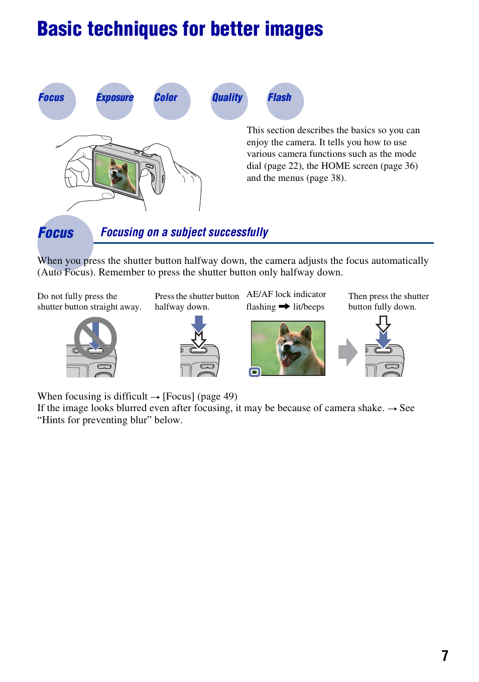 Basic techniques for better images, Focus, Focus – focusing on a subject successfully | Sony DSC-W230 User Manual | Page 7 / 129