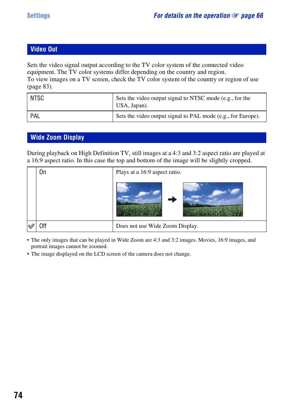Video out, Wide zoom display, Video out wide zoom display | Sony DSC-W230 User Manual | Page 74 / 129