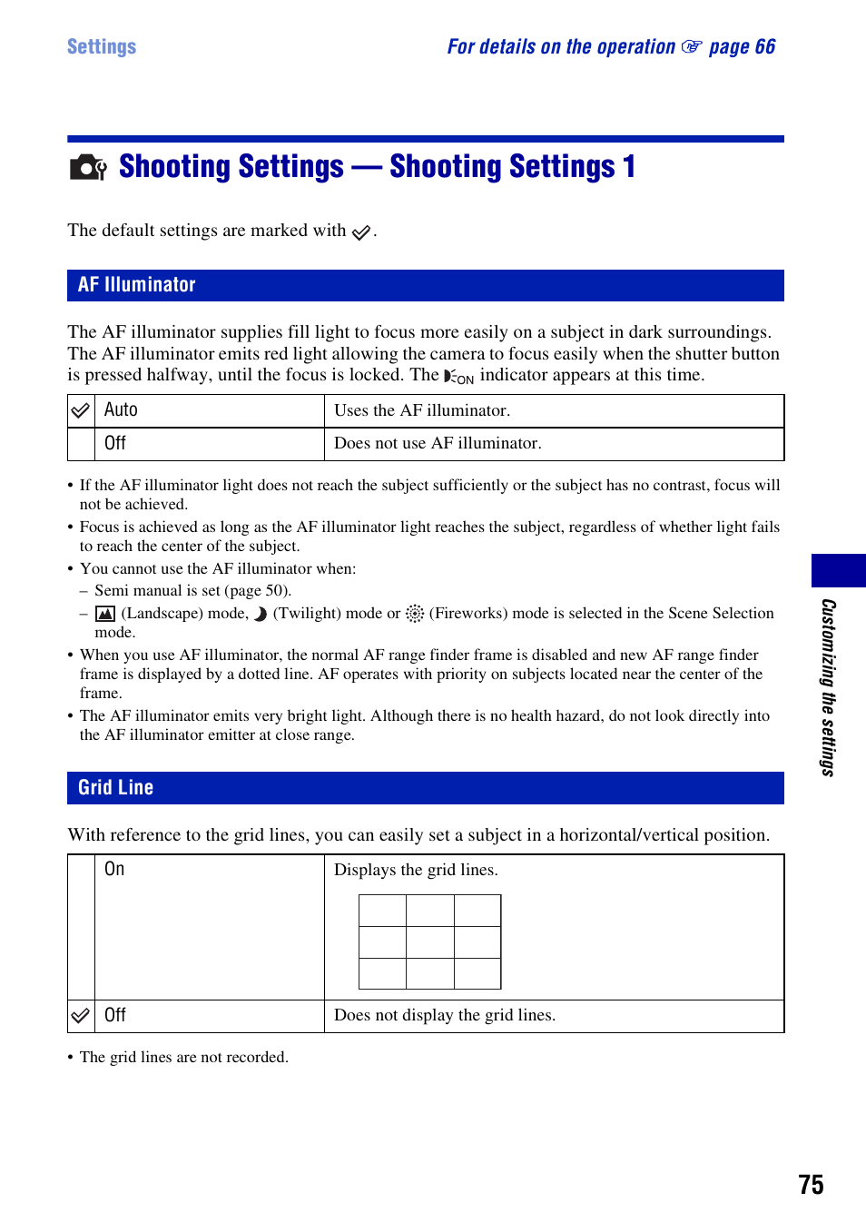 Shooting settings - shooting settings 1, Af illuminator, Grid line | Shooting settings — shooting settings 1, Af illuminator grid line | Sony DSC-W230 User Manual | Page 75 / 129