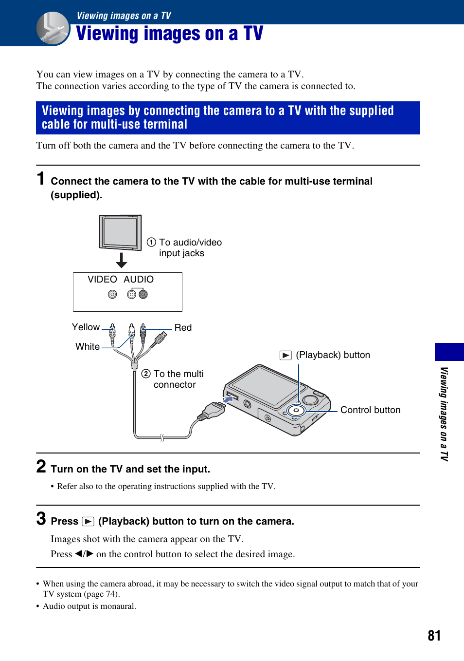 Viewing images on a tv | Sony DSC-W230 User Manual | Page 81 / 129