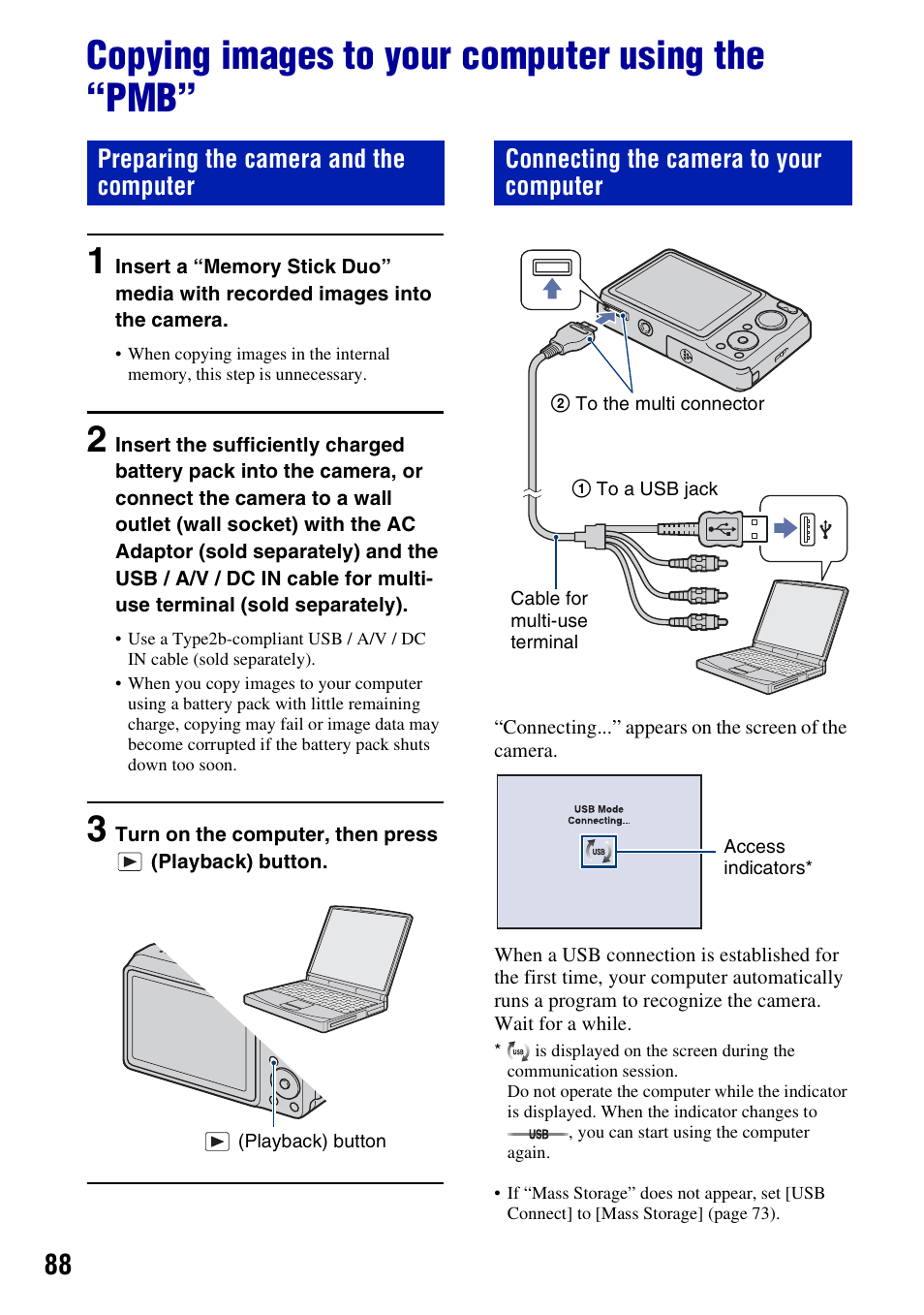 Copying images to your computer using the “pmb, 88 a, Preparing the camera and the computer | Connecting the camera to your computer | Sony DSC-W230 User Manual | Page 88 / 129