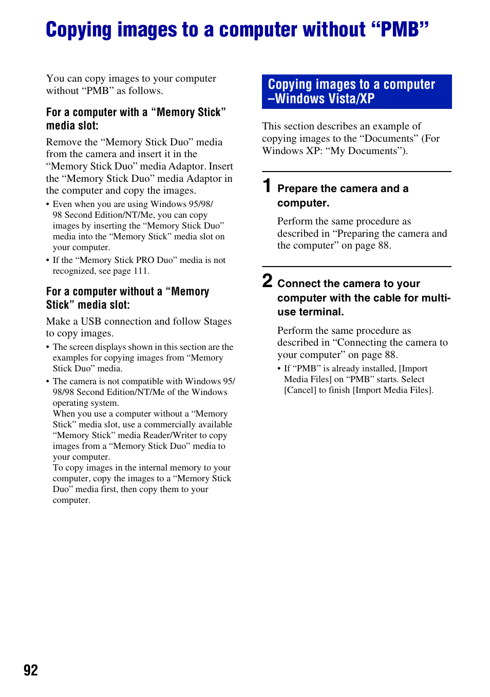 Copying images to a computer without “pmb, Copying images to a computer –windows vista/xp | Sony DSC-W230 User Manual | Page 92 / 129