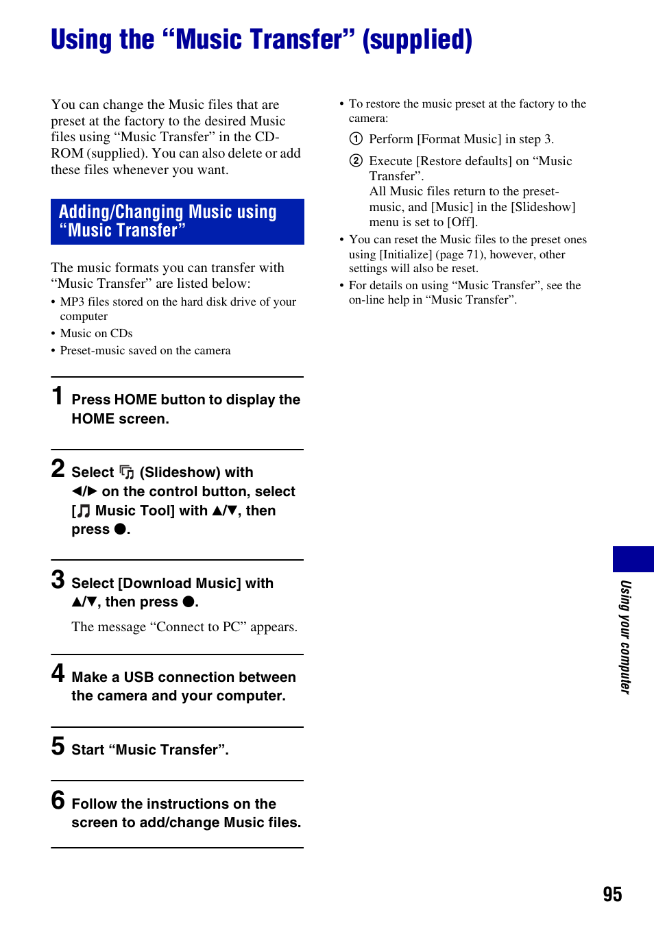 Using the “music transfer” (supplied), 95 a | Sony DSC-W230 User Manual | Page 95 / 129