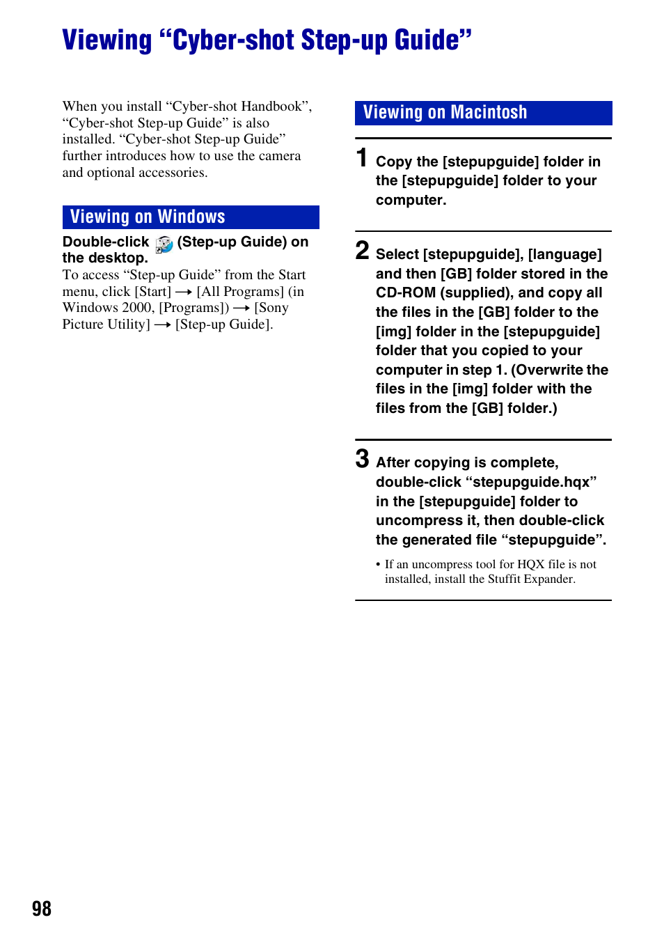 Viewing “cyber-shot step-up guide | Sony DSC-W230 User Manual | Page 98 / 129