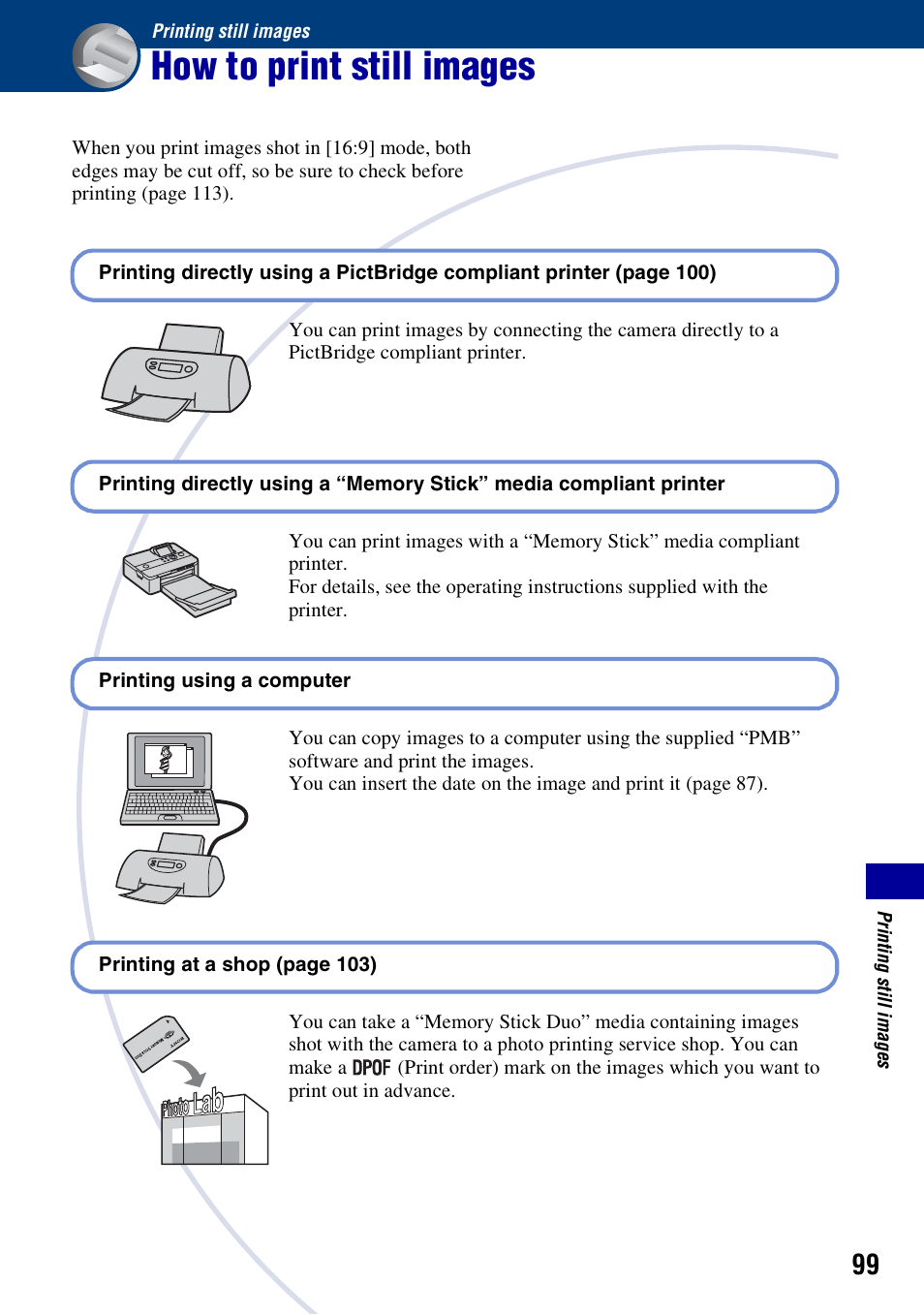 Printing still images, How to print still images | Sony DSC-W230 User Manual | Page 99 / 129