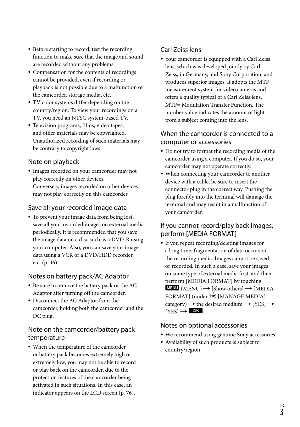 Save all your recorded image data, Carl zeiss lens | Sony DCR-SX83 User Manual | Page 3 / 96