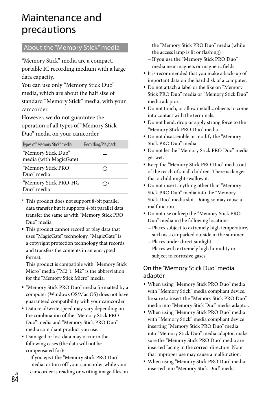Maintenance and precautions, About the “memory stick” media | Sony DCR-SX83 User Manual | Page 84 / 96