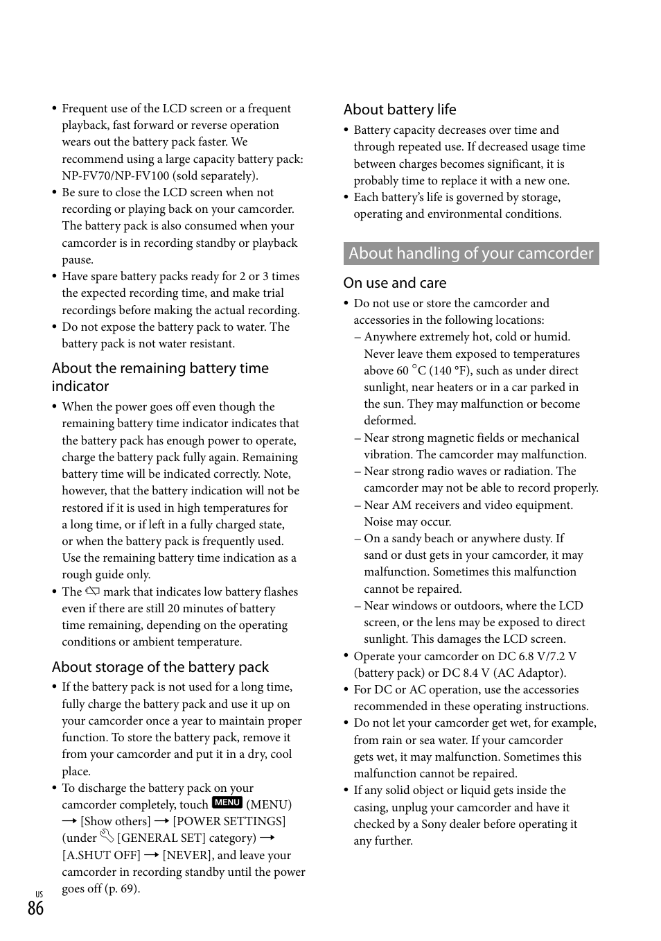 About handling of your camcorder, E “about handling of your, Camcorder” (p | About the remaining battery time indicator, About storage of the battery pack, About battery life, On use and care | Sony DCR-SX83 User Manual | Page 86 / 96