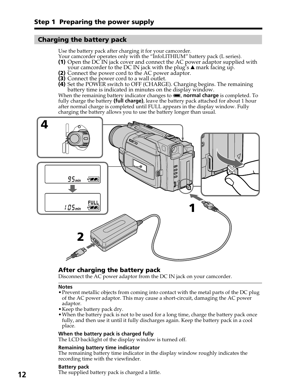 Charging the battery pack | Sony DCR-TRV820 User Manual | Page 12 / 156