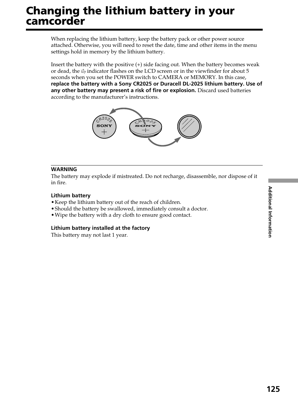 Changing the lithium battery in your camcorder, Changing the lithium battery in your, Camcorder | Sony DCR-TRV820 User Manual | Page 125 / 156