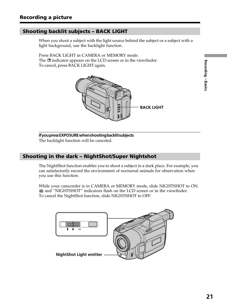 Shooting backlit subjects – back light, Shooting in the dark – nightshot/super nightshot, Shooting backlit subjects | Back light, Shooting in the dark, Nightshot/super nightshot, Recording a picture | Sony DCR-TRV820 User Manual | Page 21 / 156