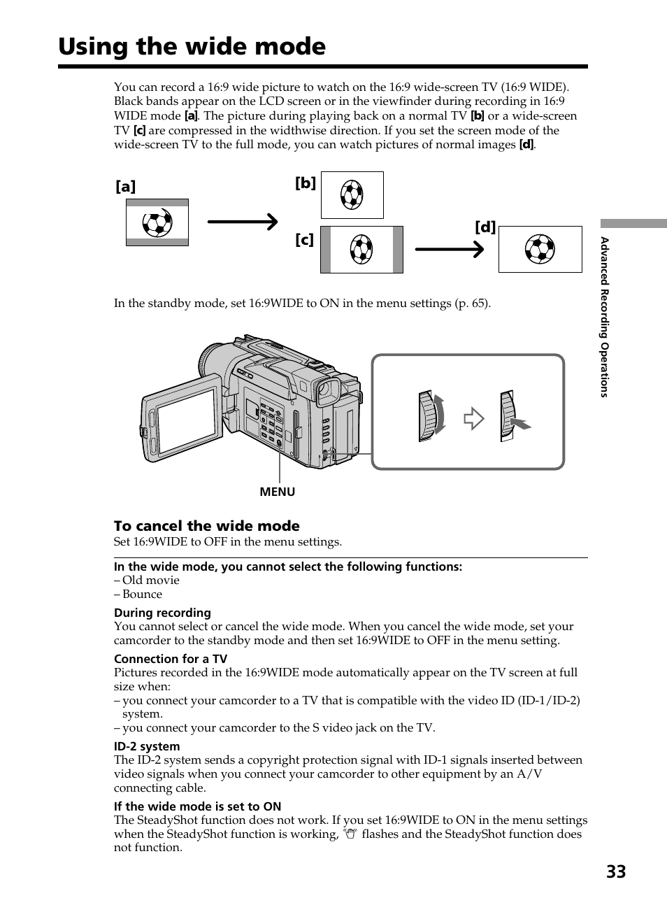 Using the wide mode | Sony DCR-TRV820 User Manual | Page 33 / 156