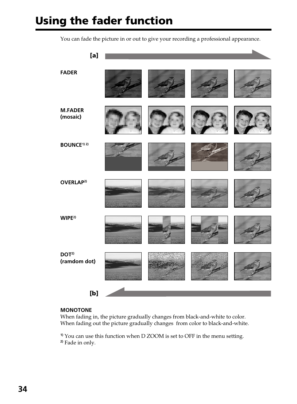 Using the fader function | Sony DCR-TRV820 User Manual | Page 34 / 156