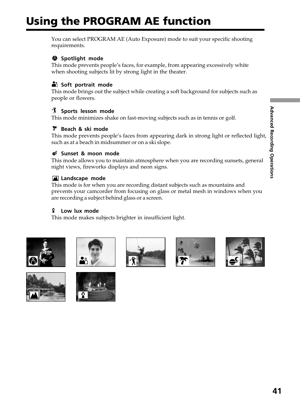 Using the program ae function | Sony DCR-TRV820 User Manual | Page 41 / 156