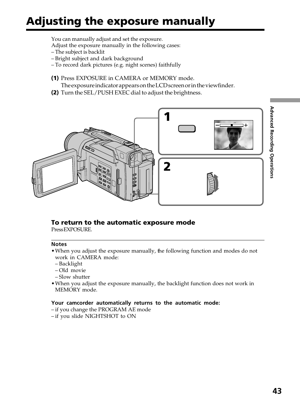 Adjusting the exposure manually | Sony DCR-TRV820 User Manual | Page 43 / 156