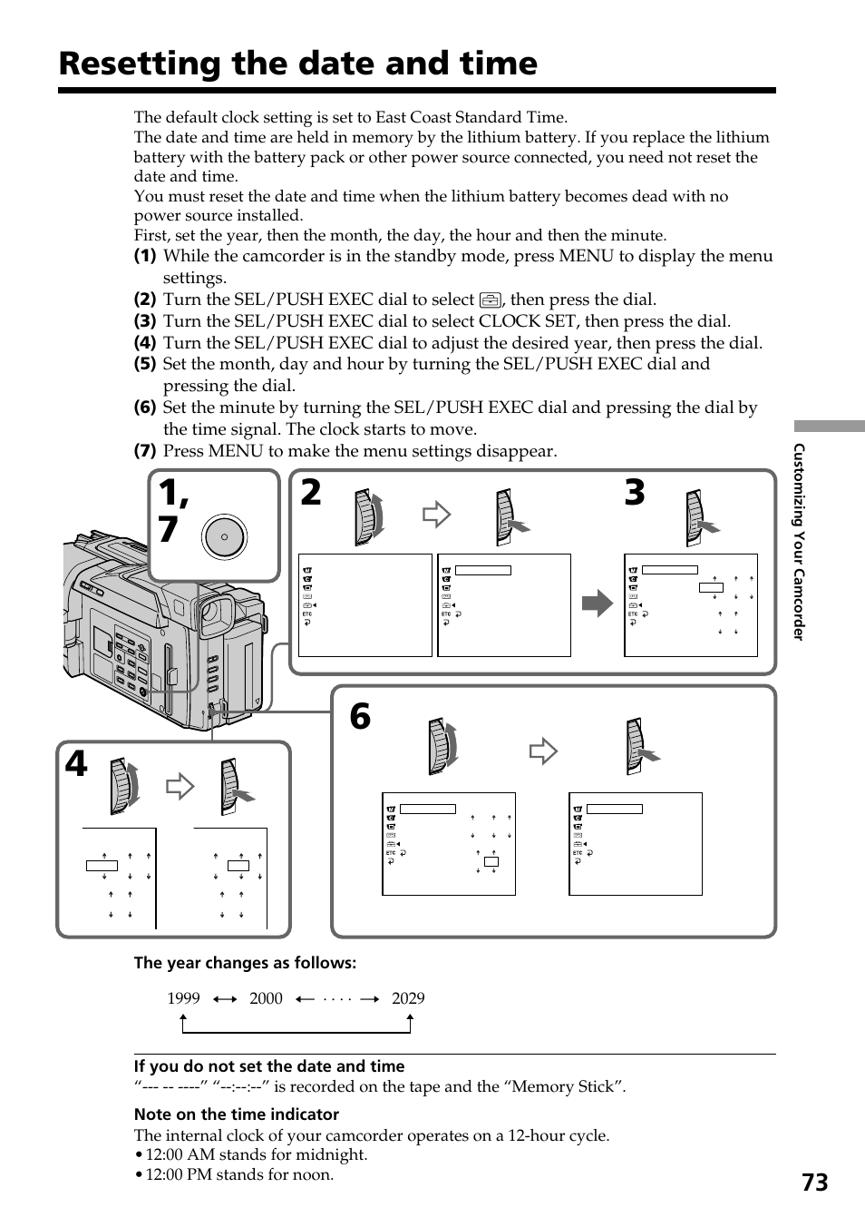 Resetting the date and time | Sony DCR-TRV820 User Manual | Page 73 / 156