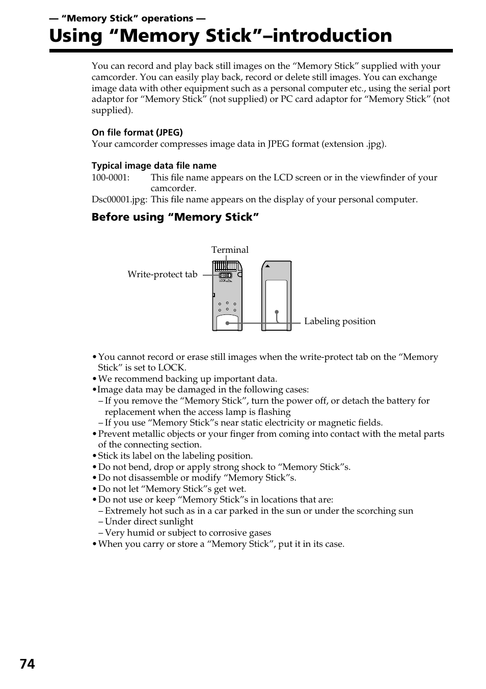 Memory stick” operations, Using “memory stick”–introduction | Sony DCR-TRV820 User Manual | Page 74 / 156