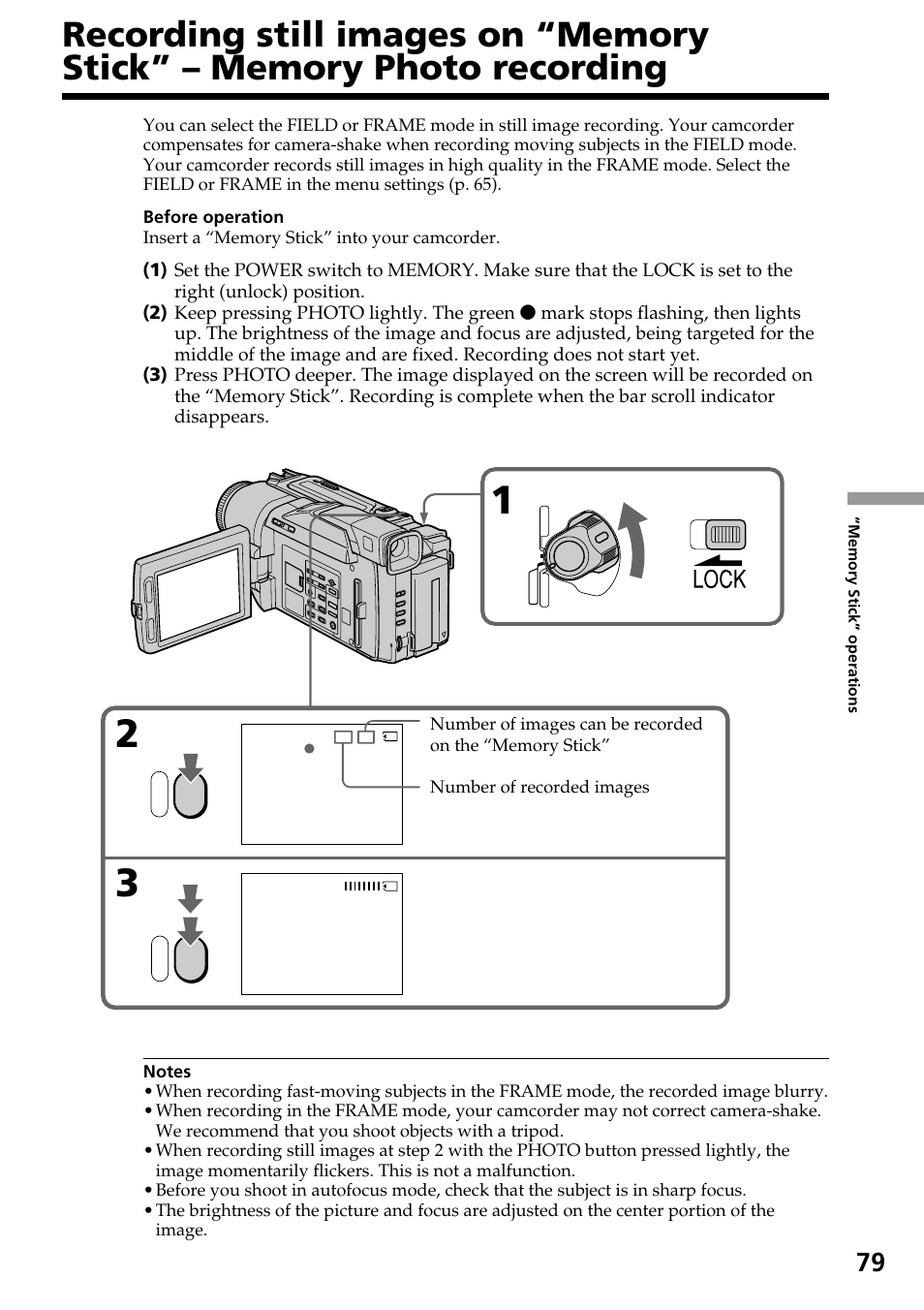 Recording still images on “memory stick, Memory photo recording | Sony DCR-TRV820 User Manual | Page 79 / 156