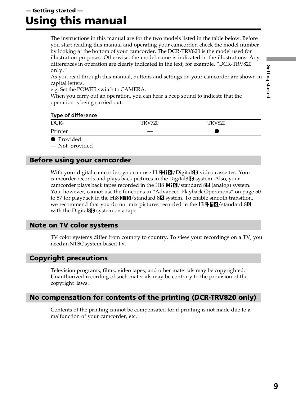 Getting started, Using this manual | Sony DCR-TRV820 User Manual | Page 9 / 156