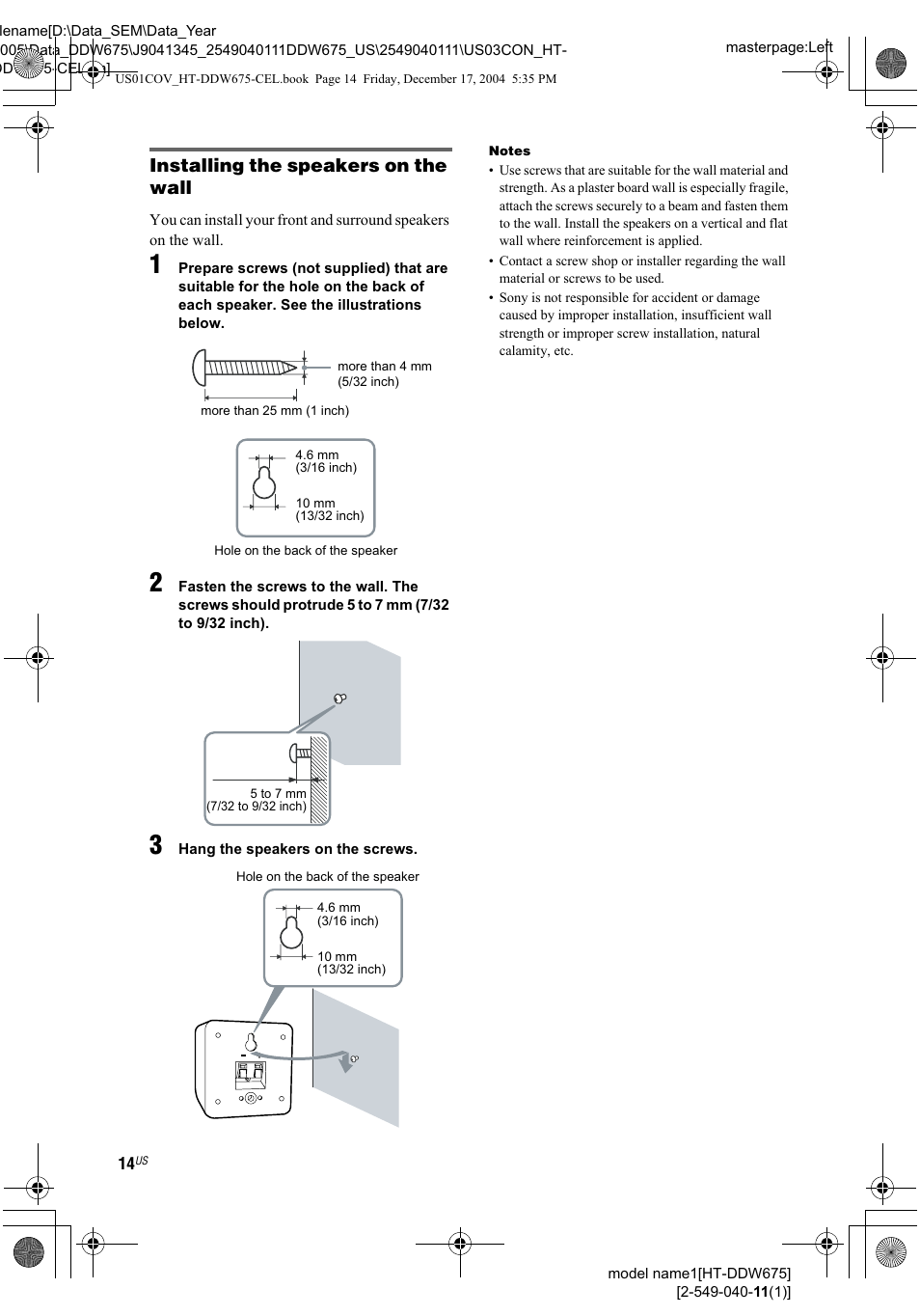 Installing the speakers on the wall | Sony HT-DDW675 User Manual | Page 14 / 40