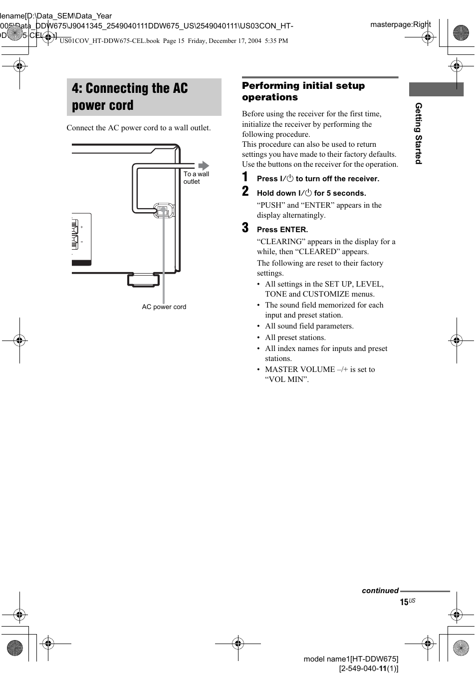 Performing initial setup operations, Connecting the ac power cord | Sony HT-DDW675 User Manual | Page 15 / 40