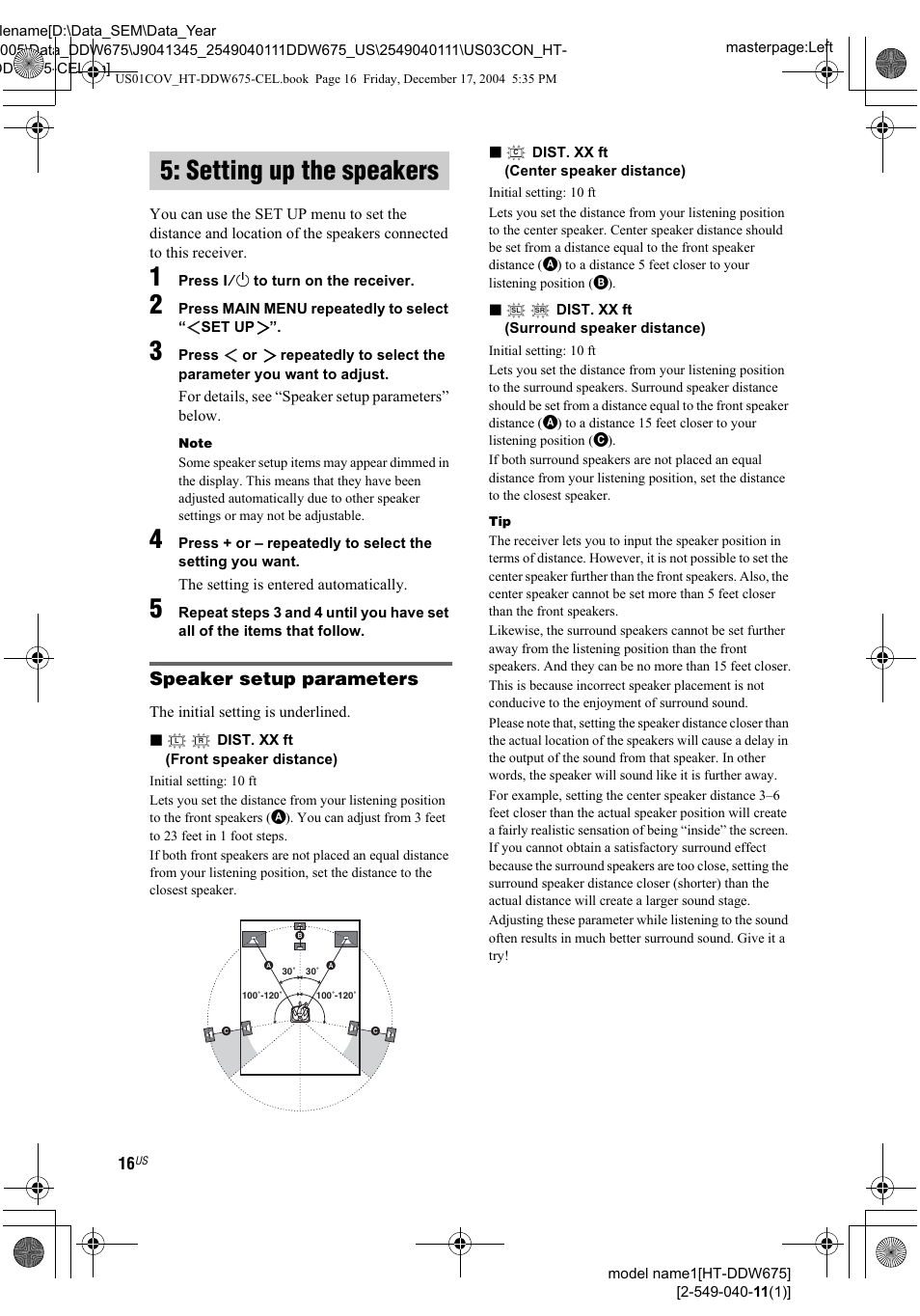 Speaker setup parameters, Setting up the speakers | Sony HT-DDW675 User Manual | Page 16 / 40