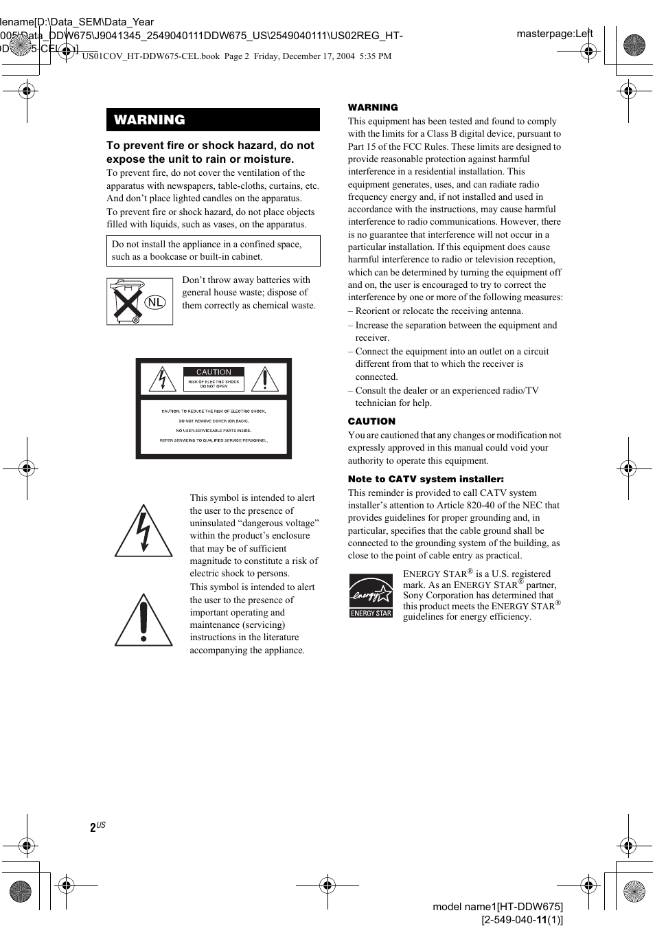 Warning | Sony HT-DDW675 User Manual | Page 2 / 40