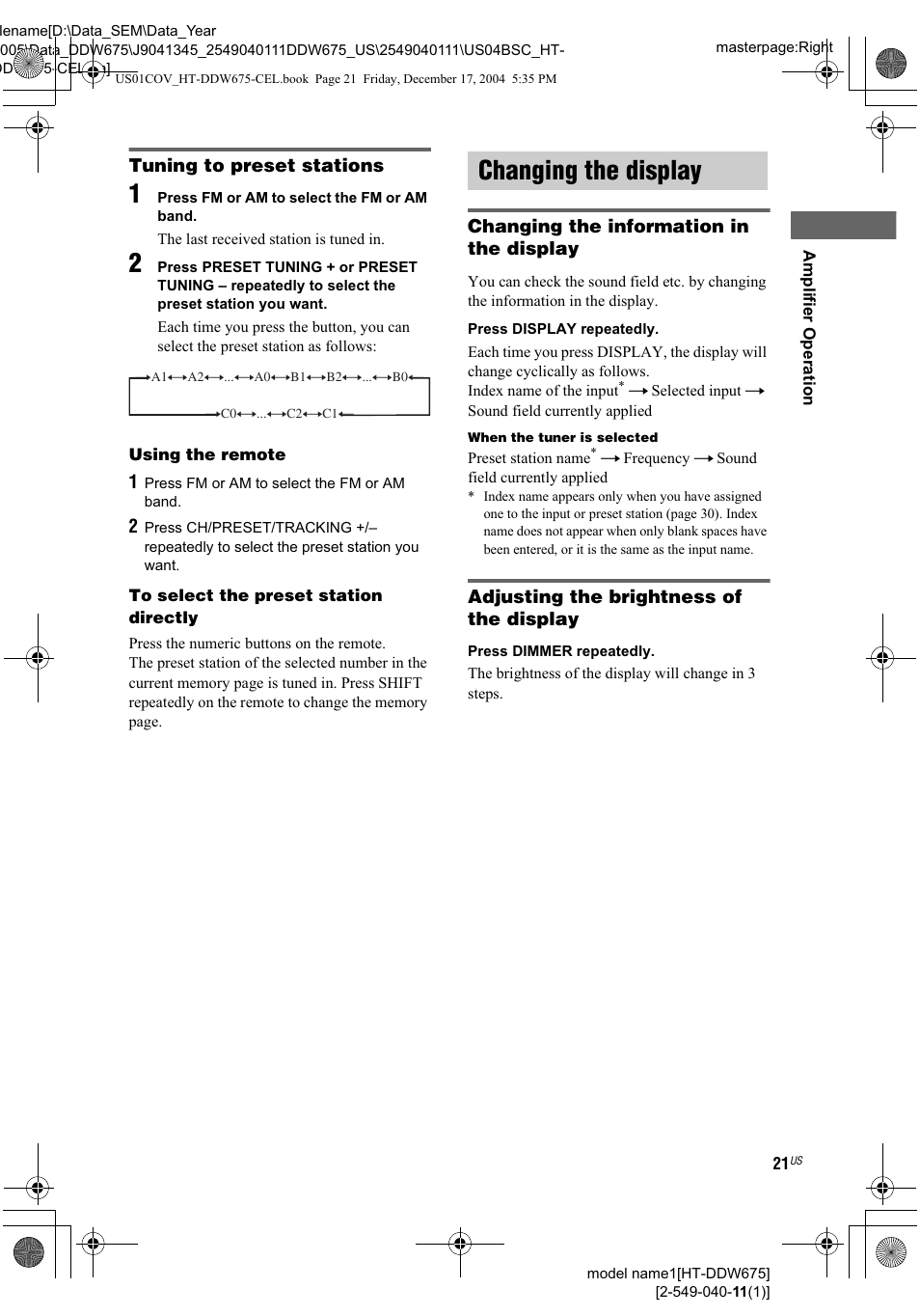 Tuning to preset stations, Changing the information in the display, Adjusting the brightness of the display | Changing the display | Sony HT-DDW675 User Manual | Page 21 / 40