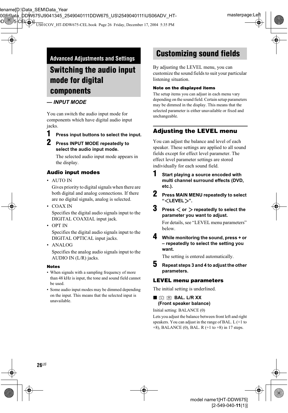 Advanced adjustments and settings, Adjusting the level menu, Advanced adjustments and | Switching the audio input mode for digital, Components, Input mode, Customizing sound fields, 260s | Sony HT-DDW675 User Manual | Page 26 / 40