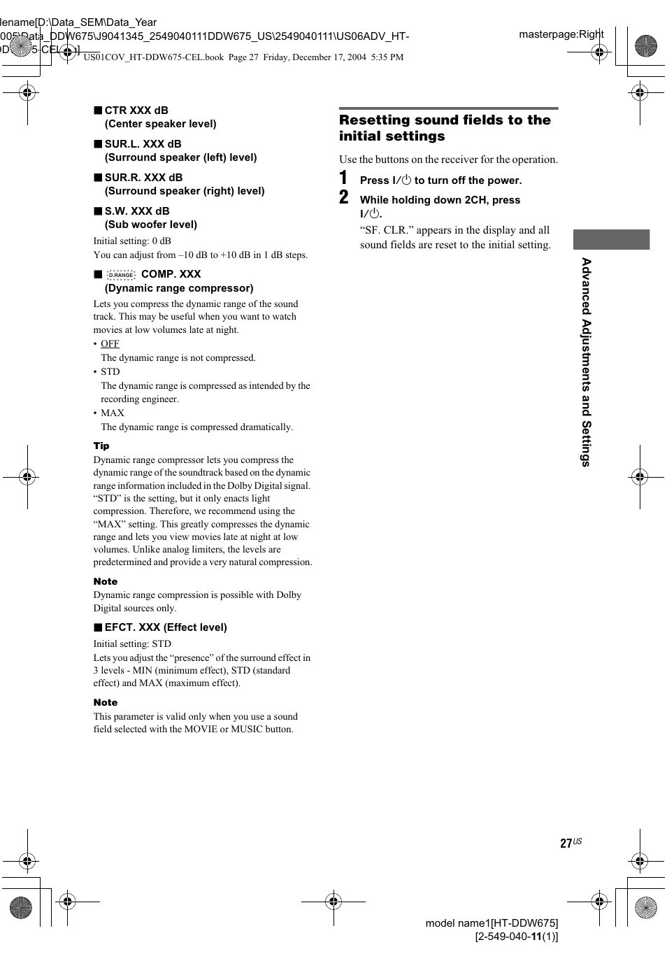 Resetting sound fields to the initial settings, 3 o <d, Fl 3 <d 3 (fl o) <d | Sony HT-DDW675 User Manual | Page 27 / 40