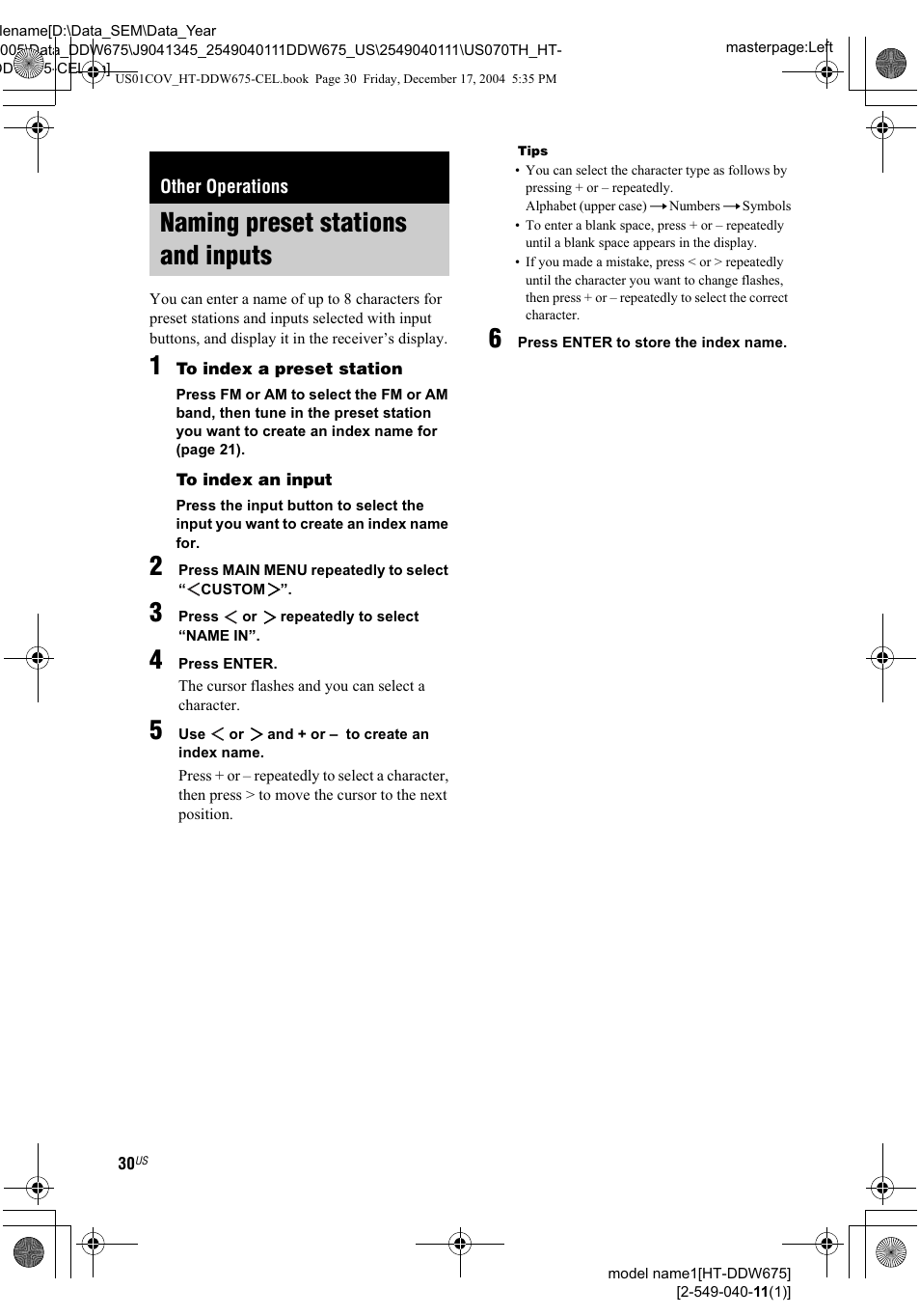 Other operations, Naming preset stations and inputs | Sony HT-DDW675 User Manual | Page 30 / 40