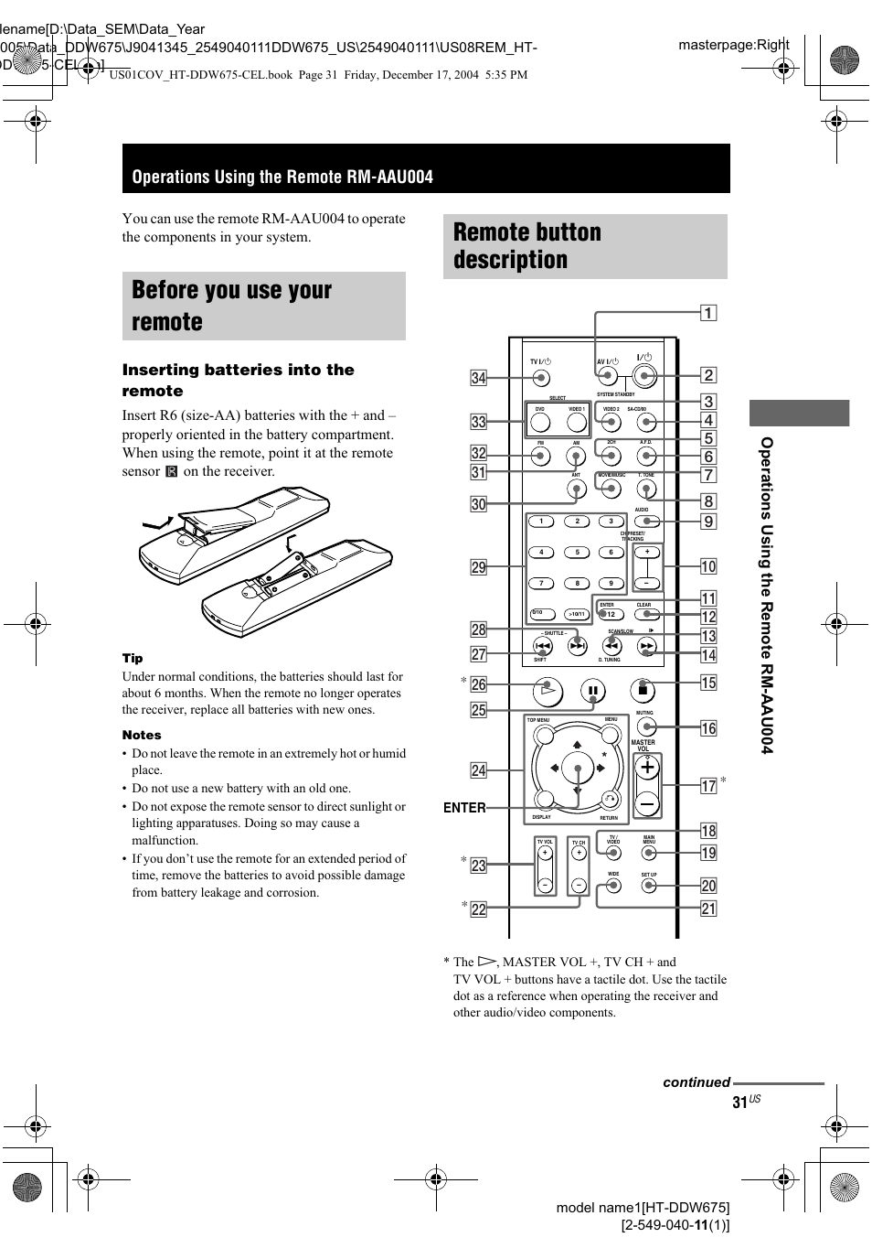 Operations using the remote rm-aau004, Operations using the remote, Before you use your remote | Remote button description | Sony HT-DDW675 User Manual | Page 31 / 40