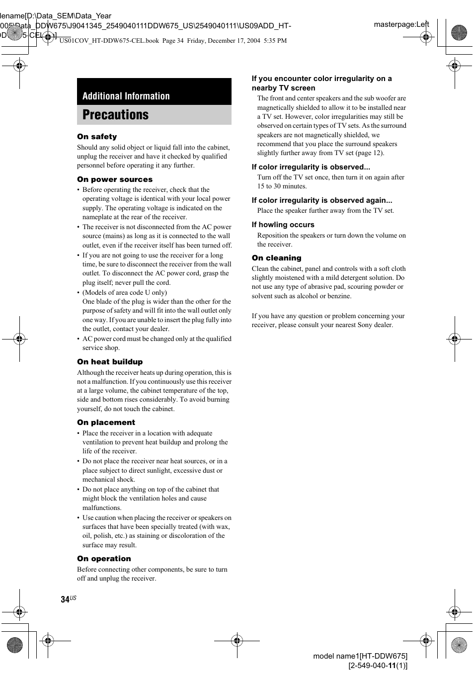 Additional information, Precautions | Sony HT-DDW675 User Manual | Page 34 / 40
