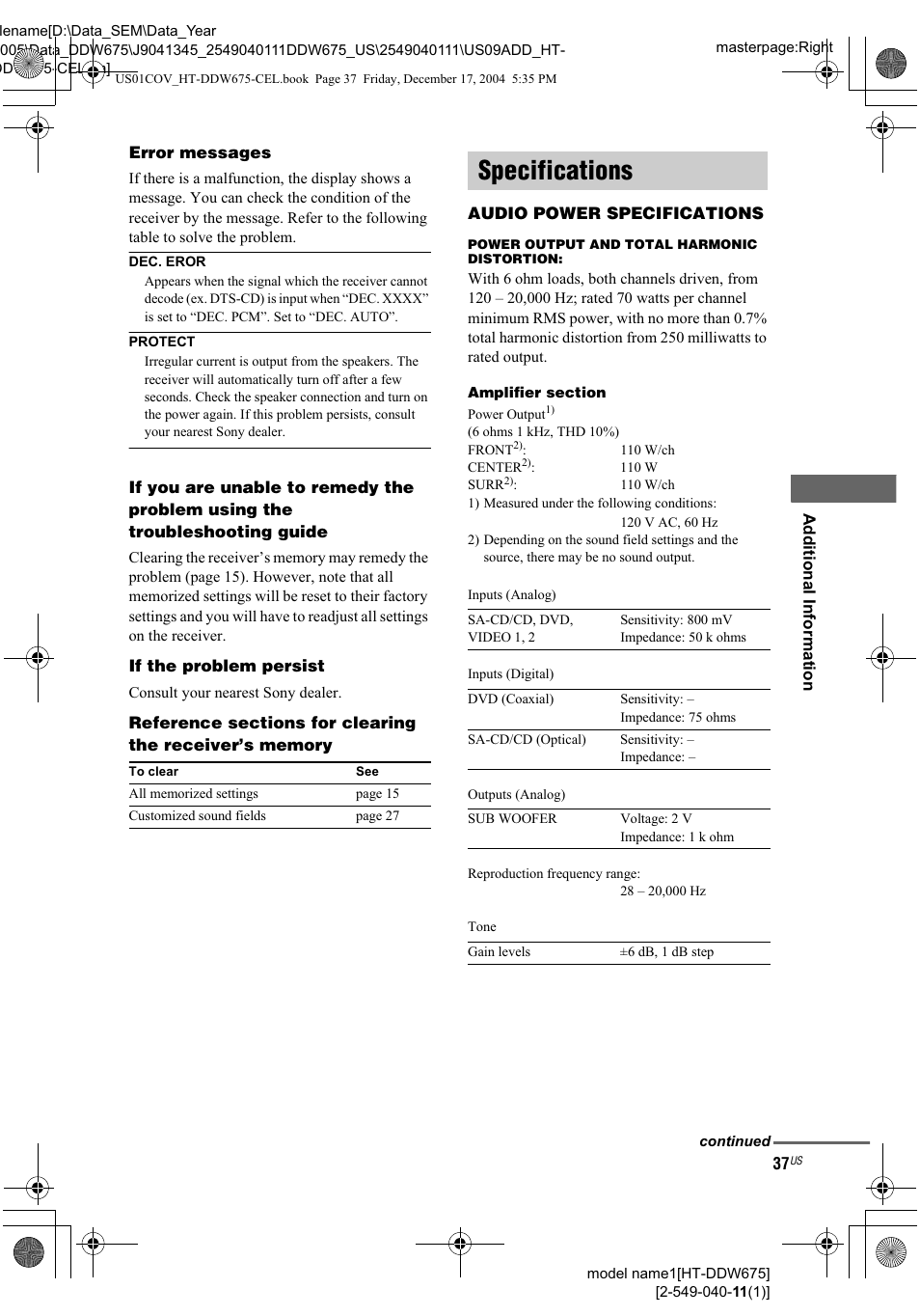 Specifications | Sony HT-DDW675 User Manual | Page 37 / 40